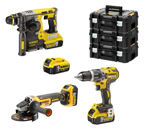 DEWALT DCK353P4T-IT – Kit 3 elettroutensili XR 18V BRUSHLESS con 4 batterie 5.0Ah e 3 valigette TSTAK