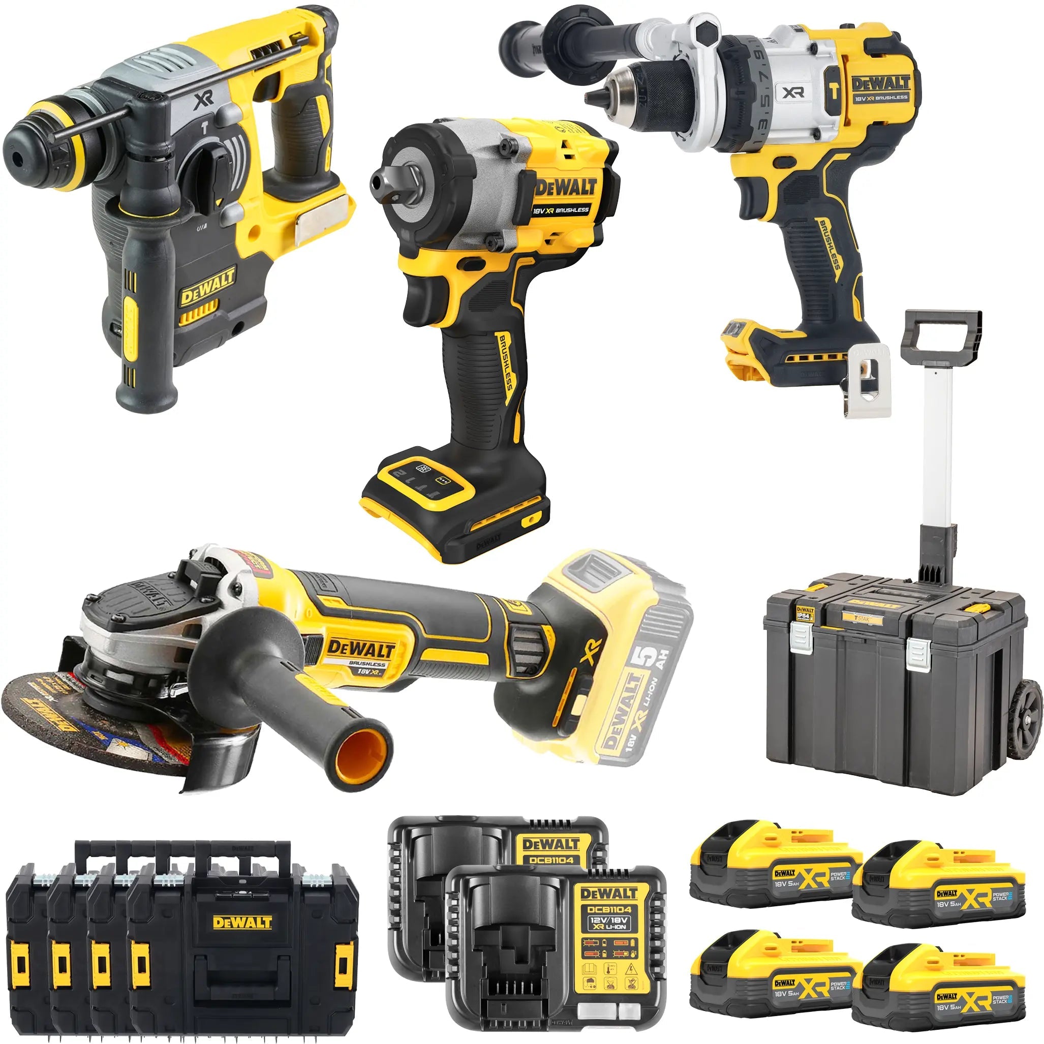 DEWALT DCK5017H4T-IT | Kit 4 utensili 18V XR con trapano percussione, tassellatore, smerigliatrice, avvitatore impulsi + 4 batterie POWERSTACK 5Ah
