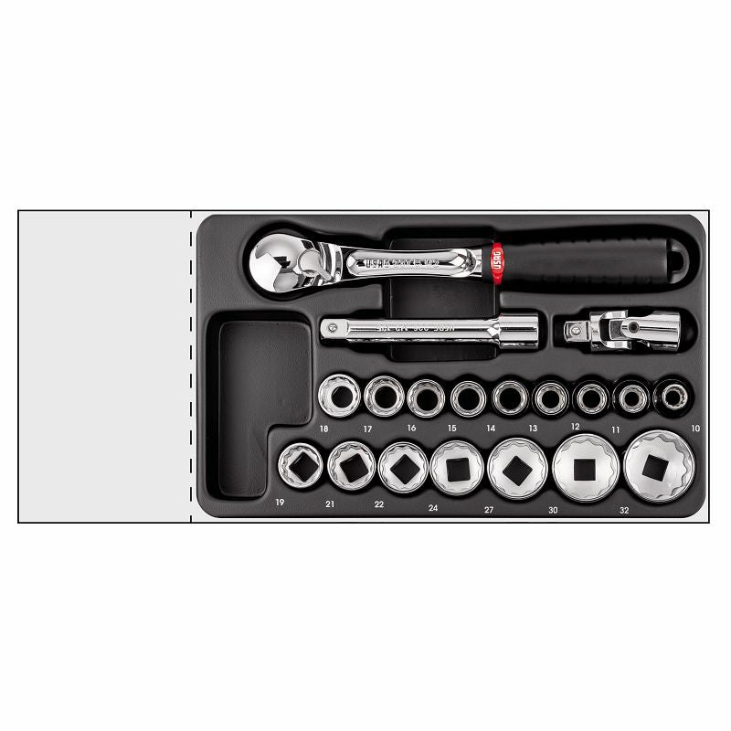 USAG 519/605CB | Modulo in termoformato 19 pezzi 1/2" con bussole poligonali e cricchetto sigillato