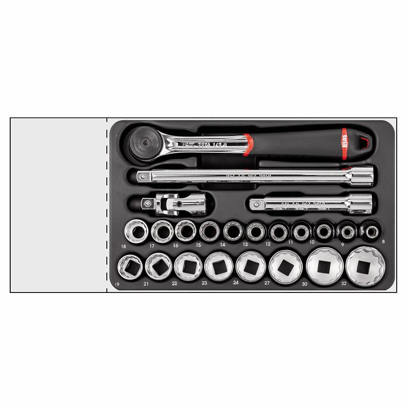 USAG 519/606CA | Modulo in termoformato 23 pezzi 1/2" con bussole poligonali e cricchetto IP51