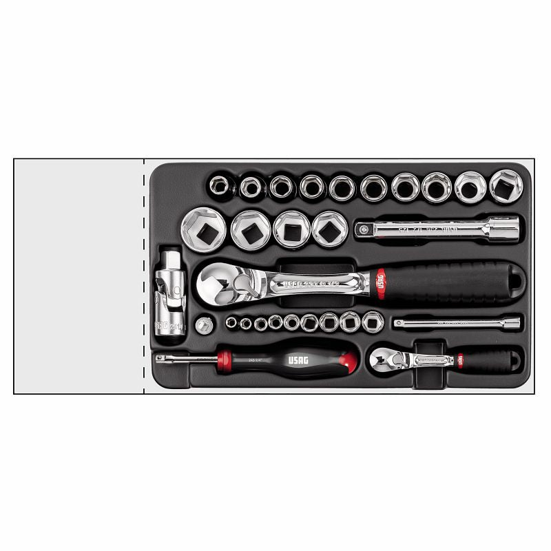 USAG 519/606ACEB – Modulo in termoformato 30 pz 1/4"-1/2" con bussole e cricchetti sigillati