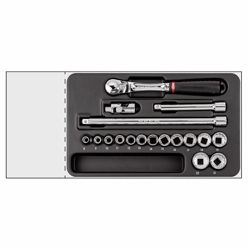 USAG 519/604BB | Modulo in termoformato 18 pezzi 3/8" con cricchetto sigillato e bussole poligonali