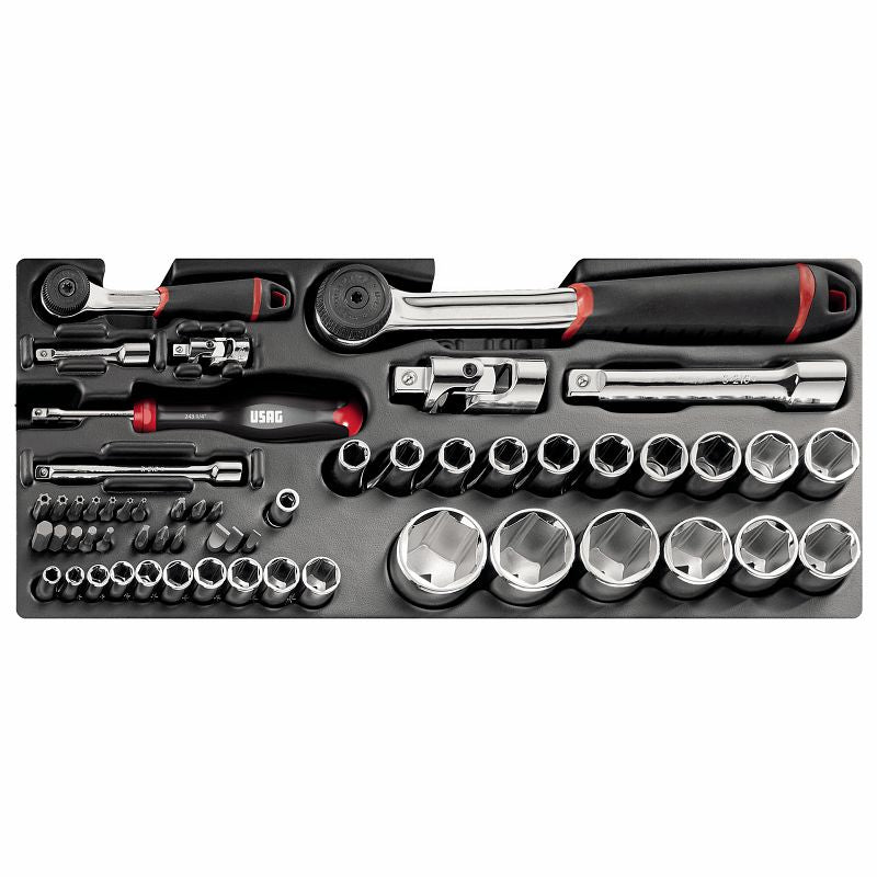 USAG 519/607ACEA – Modulo in termoformato 56 pz 1/4"-1/2" con bussole, inserti e cricchetti IP51