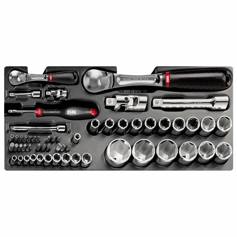 USAG 519/607ACEB – Modulo in termoformato 56 pz 1/4"-1/2" con bussole, inserti e cricchetti sigillati