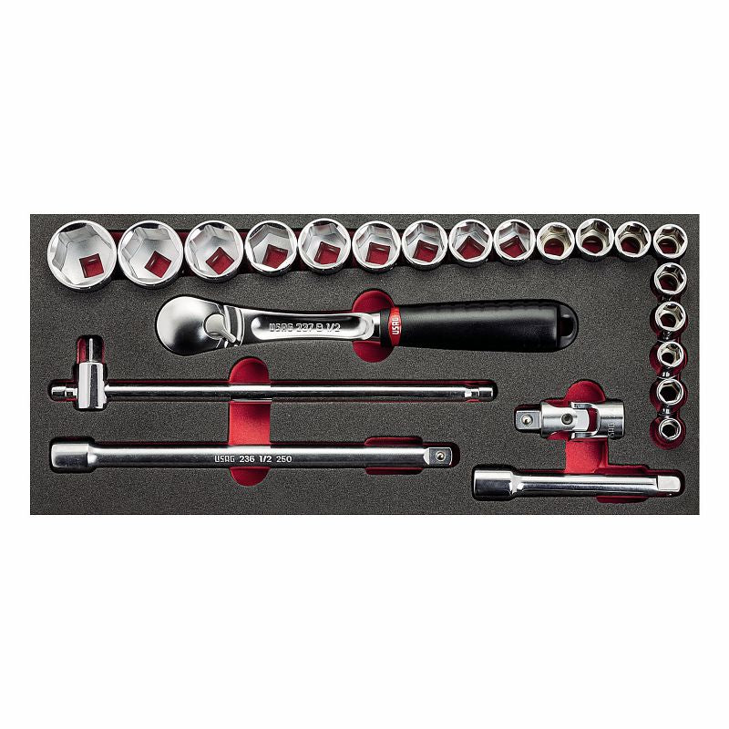 USAG 519 M 613CEB – Modulo in spugna bicolore 23 pz 1/2" con bussole e cricchetto sigillato