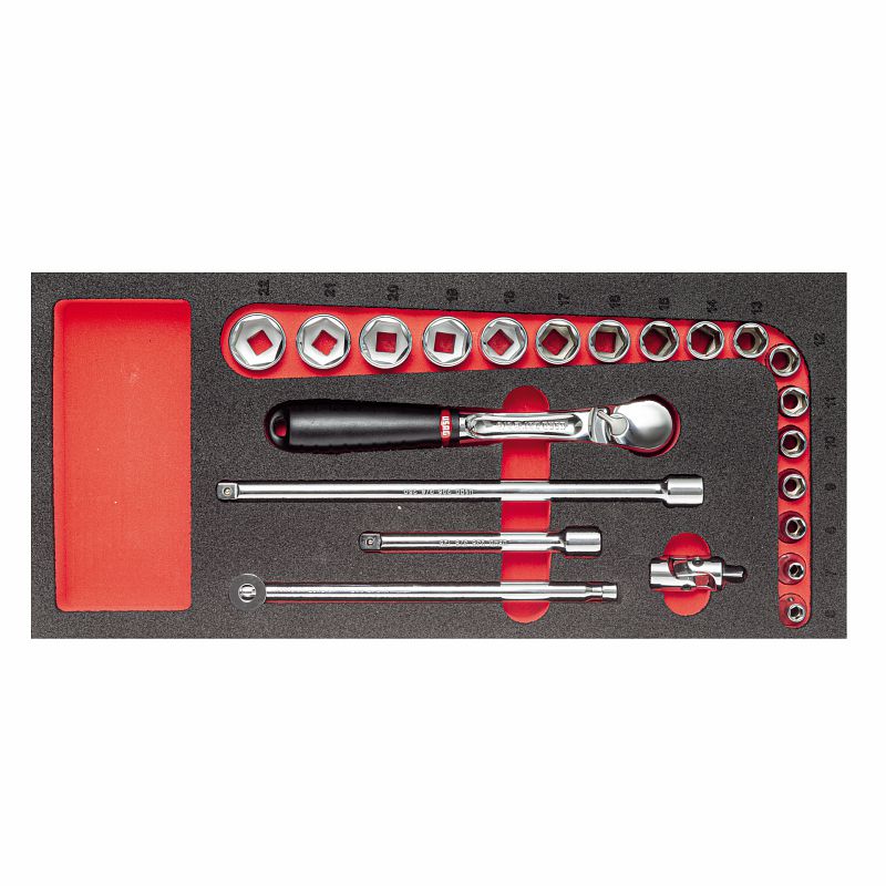 USAG 519 M 613BEB | Modulo in spugna bicolore 22 pezzi 3/8" con bussole esagonali e cricchetto sigillato
