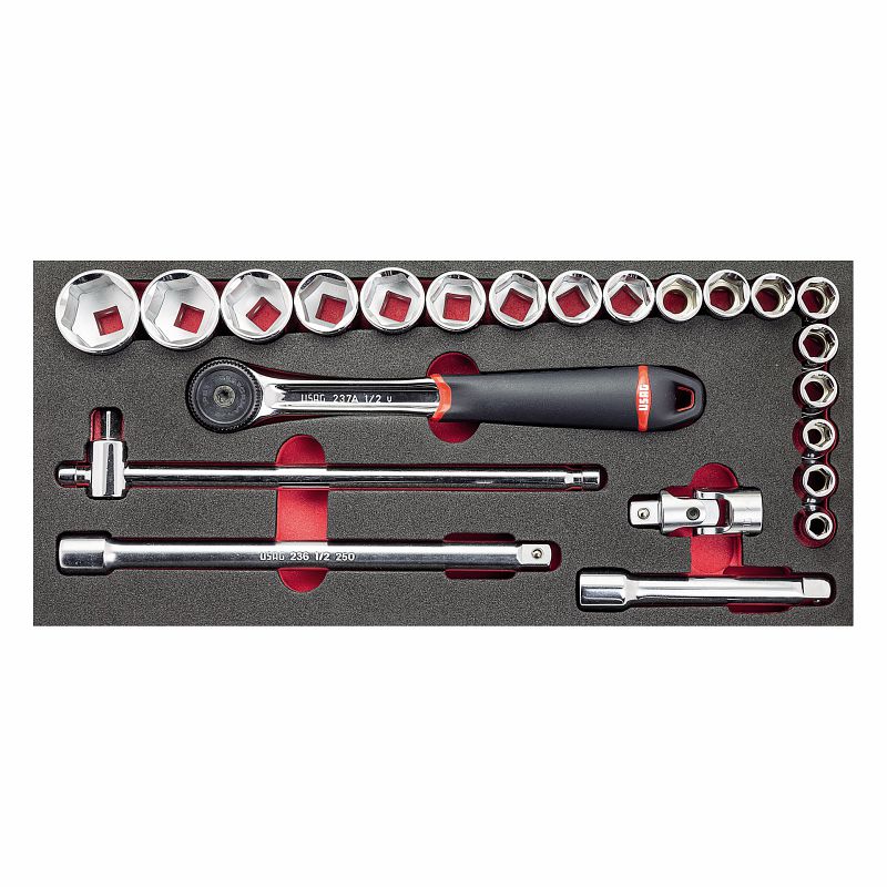 USAG 519 M 613CEA – Modulo in spugna bicolore 23 pz 1/2" con bussole e cricchetto IP51